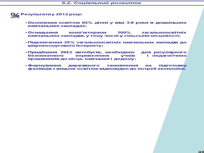 5.2. Соціальний розвиток Результати у 2012 році:  Охоплення освітою 65% дітей у віці